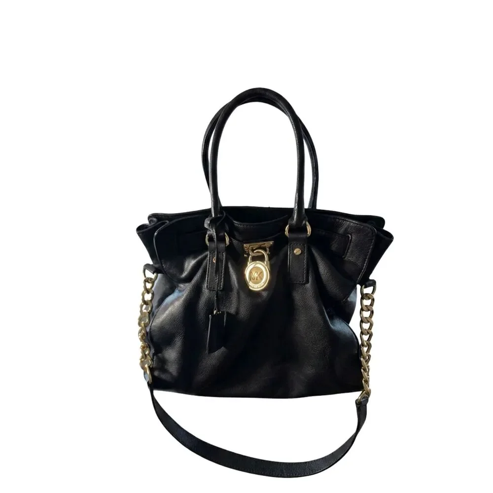 Michael Kors Hamilton Large Black Pebbled Leather Tote Bag Chain Lock Satchel